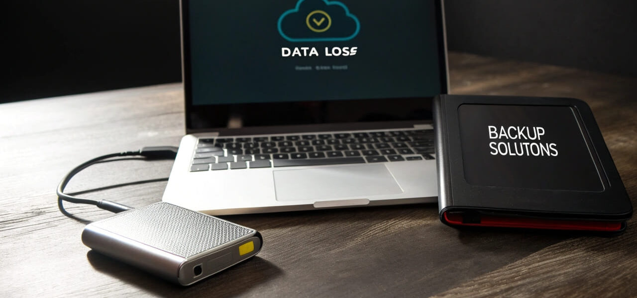Sichere Backups erstellen: Laptop mit Datenverlust-Warnung, externe Festplatte und Cloud-Backup als Lösung.