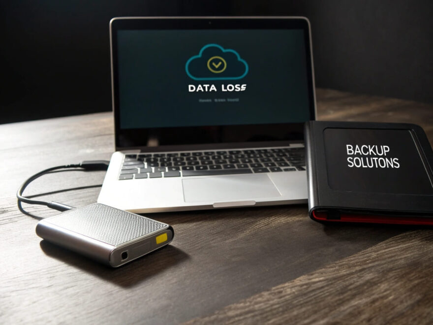 Sichere Backups erstellen: Laptop mit Datenverlust-Warnung, externe Festplatte und Cloud-Backup als Lösung.