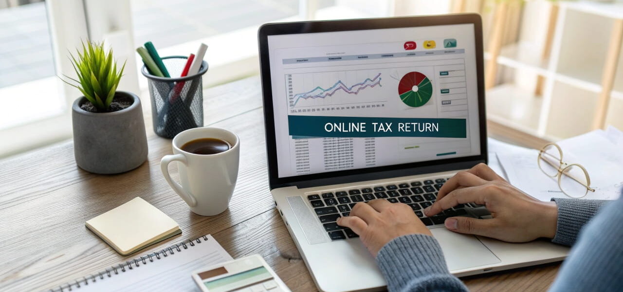 Person erledigt die Steuererklärung online auf einem Laptop mit Steuer-Software, um Zeit zu sparen und Fehler zu vermeiden.