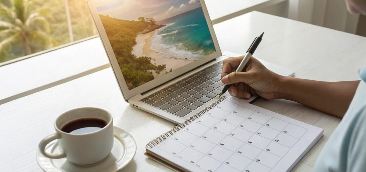 Person markiert Urlaubstage im Kalender für eine optimale Urlaubsplanung.