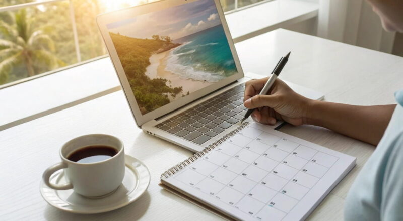 urlaubsplanung kalender Person markiert Urlaubstage im Kalender für eine optimale Urlaubsplanung.