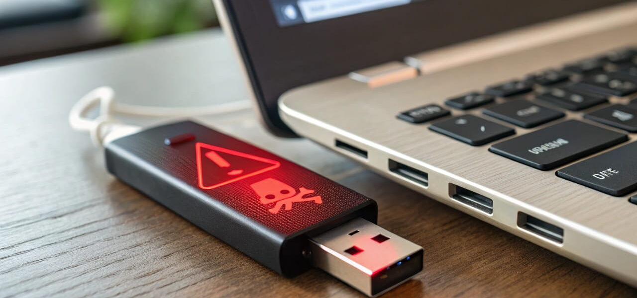 USB-Sticks als Sicherheitsrisiko: Eingesteckter Stick mit rotem Warnsymbol auf dem Bildschirm.