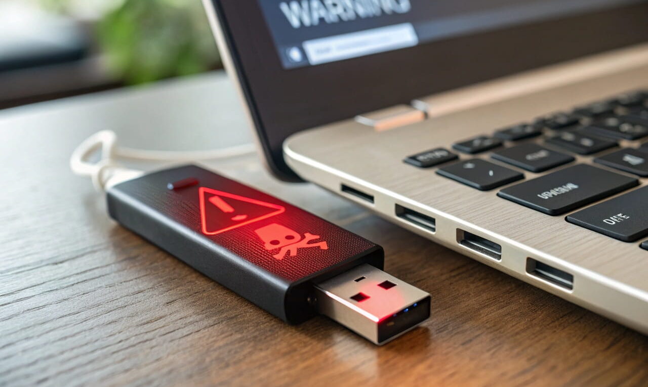 USB-Sticks als Sicherheitsrisiko: Eingesteckter Stick mit rotem Warnsymbol auf dem Bildschirm.