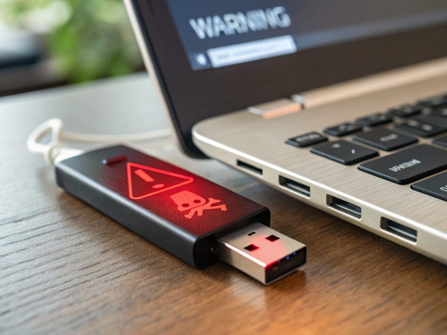 USB-Sticks als Sicherheitsrisiko: Eingesteckter Stick mit rotem Warnsymbol auf dem Bildschirm.