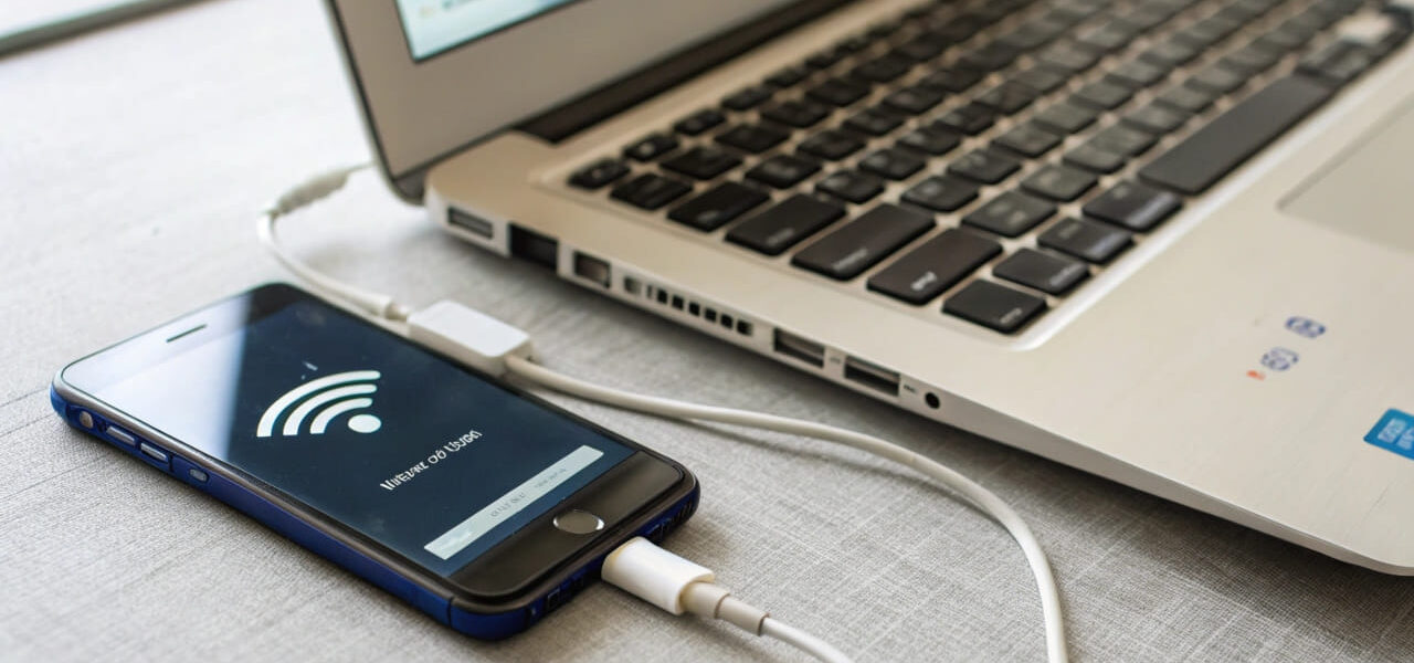 Smartphone mit USB-Tethering verbindet Laptop mit dem Internet