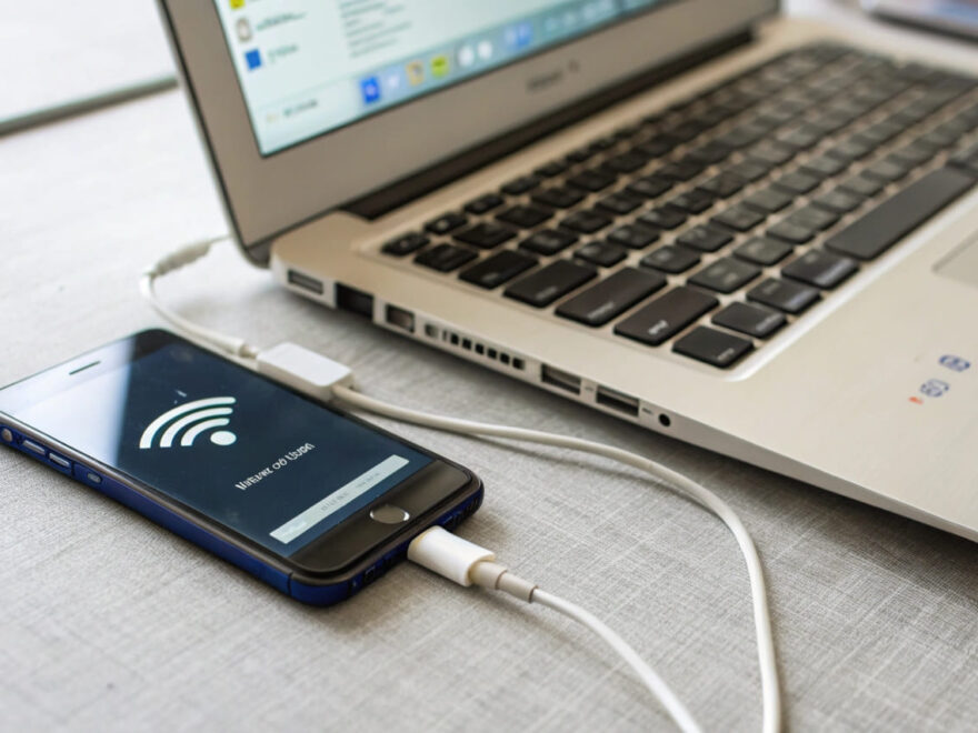 Smartphone mit USB-Tethering verbindet Laptop mit dem Internet