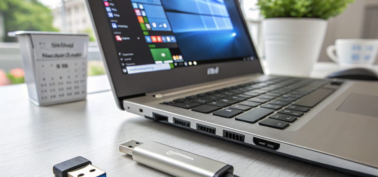 Windows Boot Stick eingesteckt in einen Laptop mit geöffnetem Windows-Setup.
