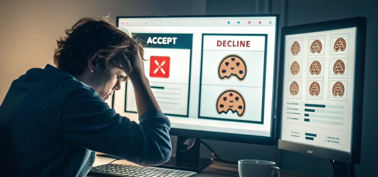 Person vor Computer mit verwirrenden Pop-ups – Dark Patterns erklärt