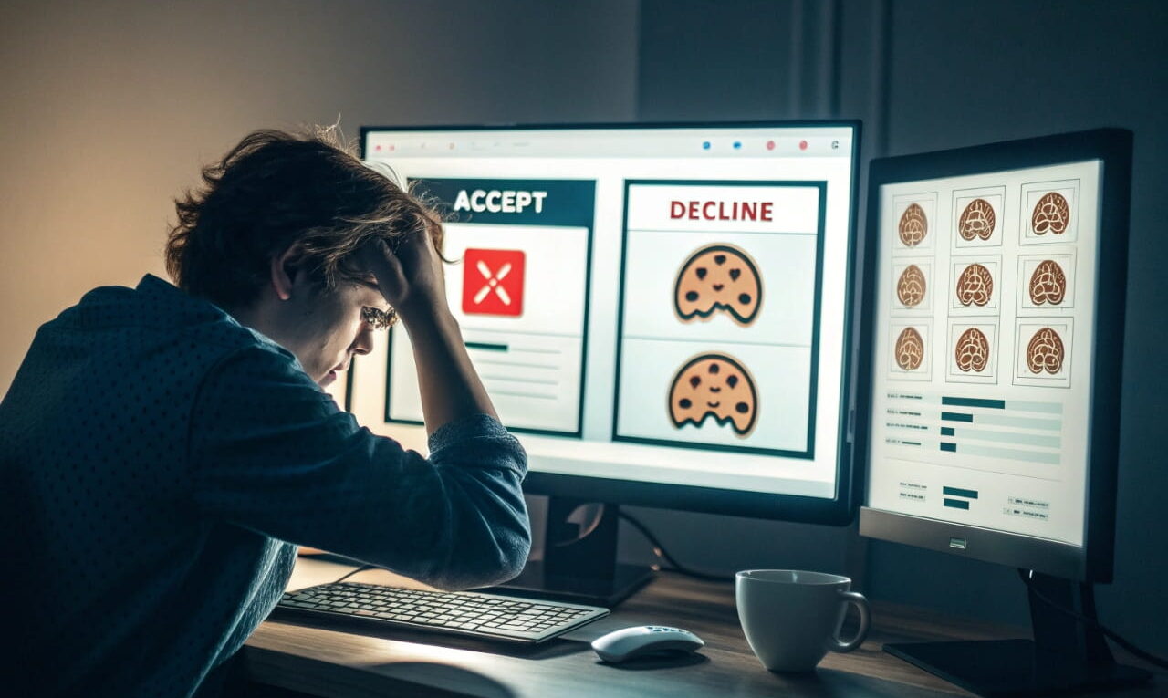 Person vor Computer mit verwirrenden Pop-ups – Dark Patterns erklärt