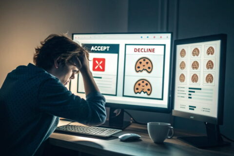 Person vor Computer mit verwirrenden Pop-ups – Dark Patterns erklärt