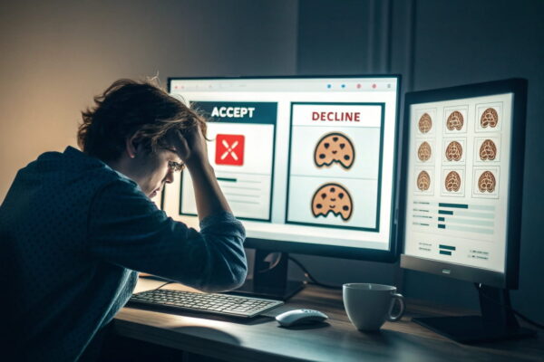 Person vor Computer mit verwirrenden Pop-ups – Dark Patterns erklärt