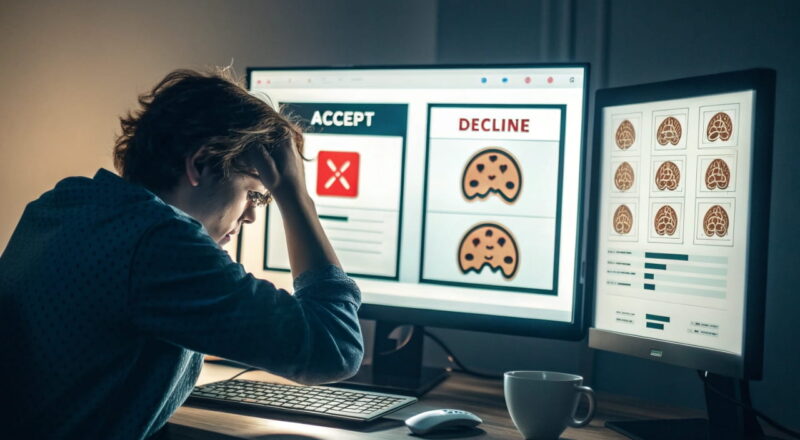 Person vor Computer mit verwirrenden Pop-ups – Dark Patterns erklärt