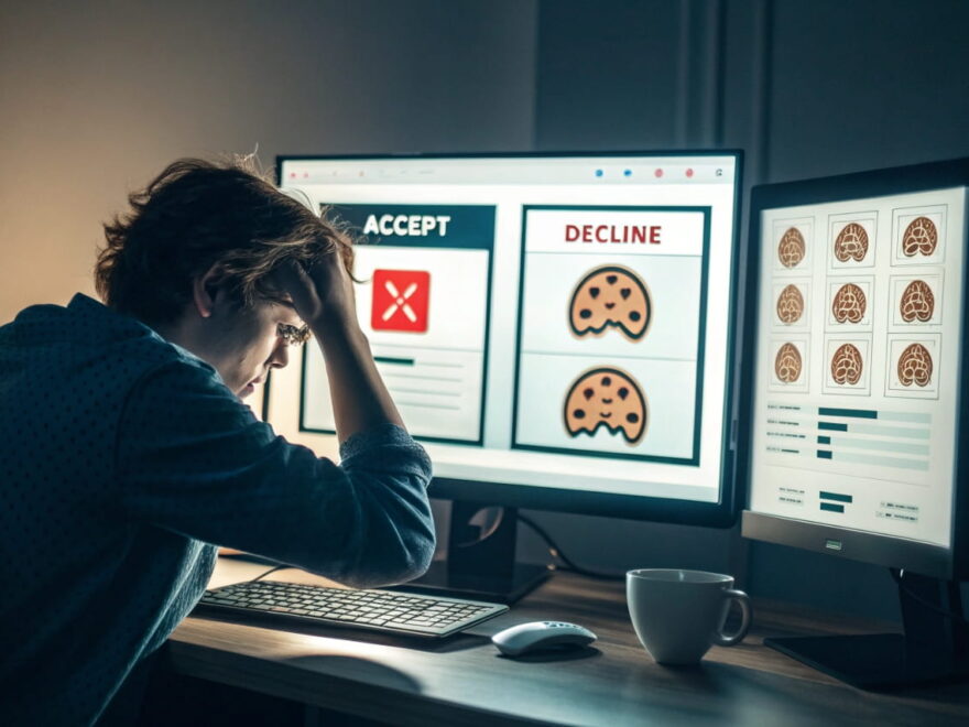 Person vor Computer mit verwirrenden Pop-ups – Dark Patterns erklärt