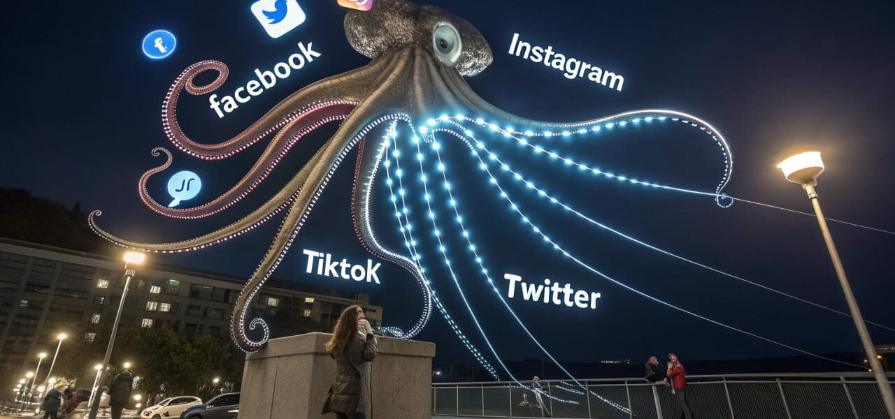 Illustration einer Datenkrake, die Social-Media-Daten sammelt – Symbol für Datenschutz-Fallen und unkontrollierte Datennutzung.