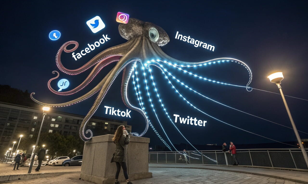 Illustration einer Datenkrake, die Social-Media-Daten sammelt – Symbol für Datenschutz-Fallen und unkontrollierte Datennutzung.