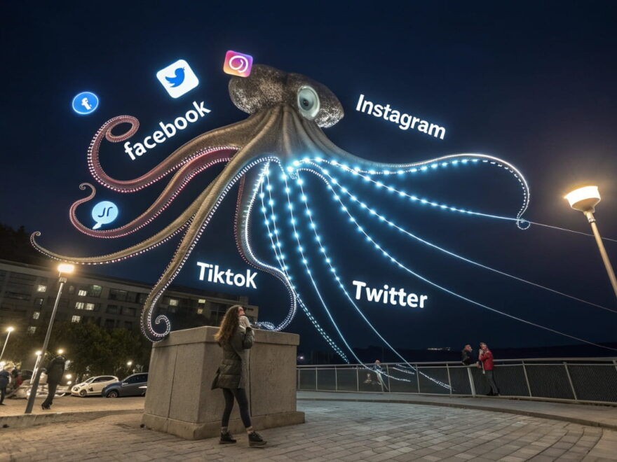 Illustration einer Datenkrake, die Social-Media-Daten sammelt – Symbol für Datenschutz-Fallen und unkontrollierte Datennutzung.