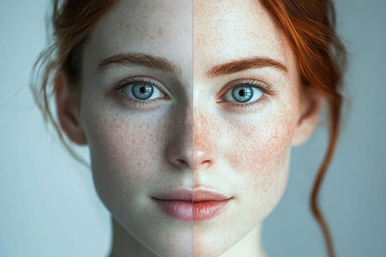 Vergleich zwischen echtem Gesicht und Deepfake – KI-generierte Fälschung im direkten Vergleich.