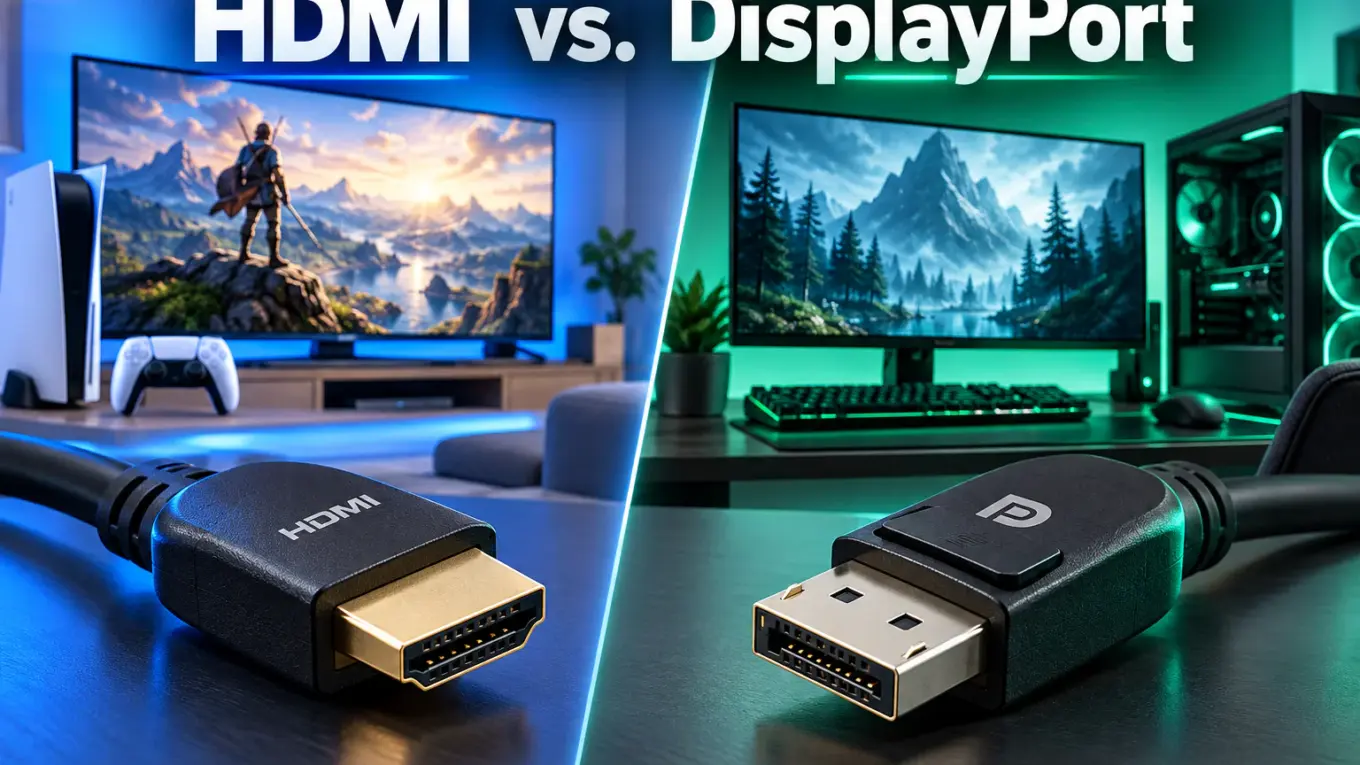DisplayPort vs. HDMI – HDMI- und DisplayPort-Kabel vor einem PC-Monitor