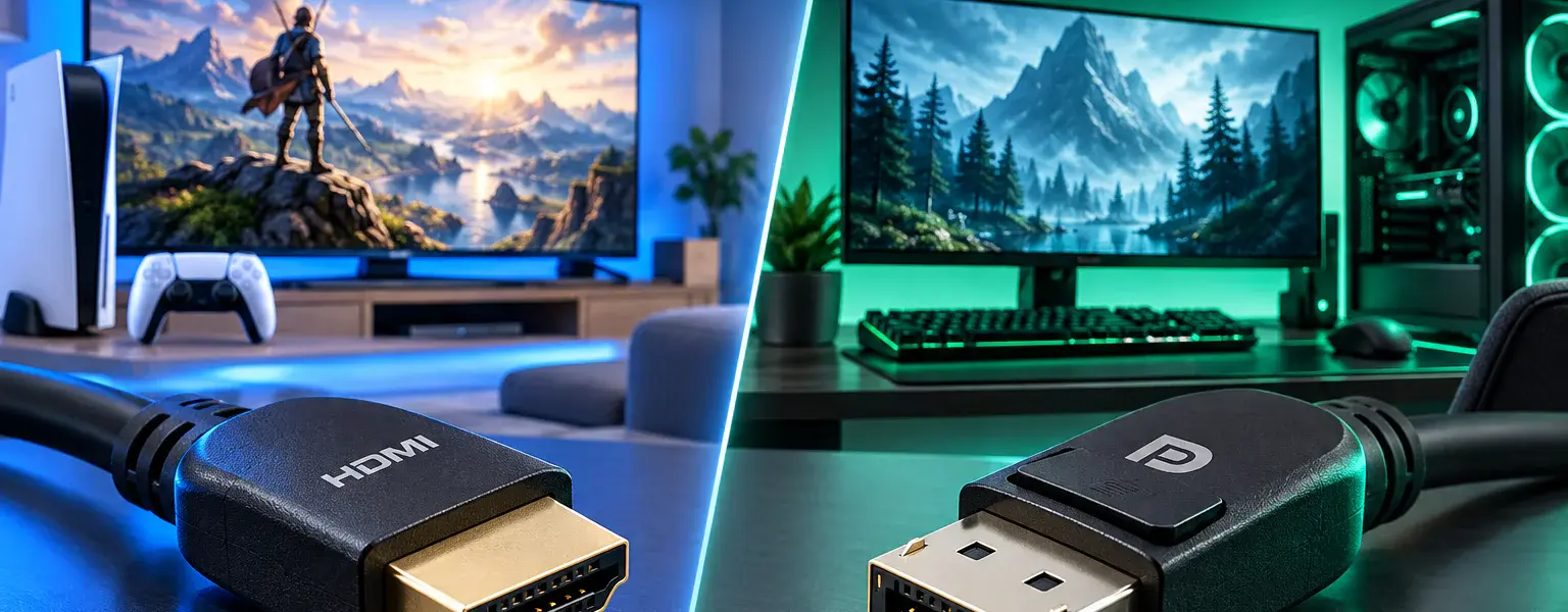 DisplayPort vs. HDMI – HDMI- und DisplayPort-Kabel vor einem PC-Monitor
