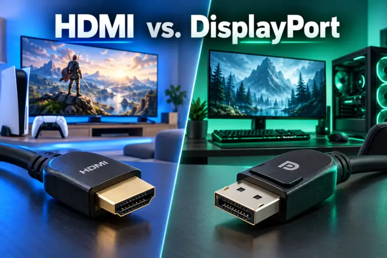 DisplayPort vs. HDMI – HDMI- und DisplayPort-Kabel vor einem PC-Monitor