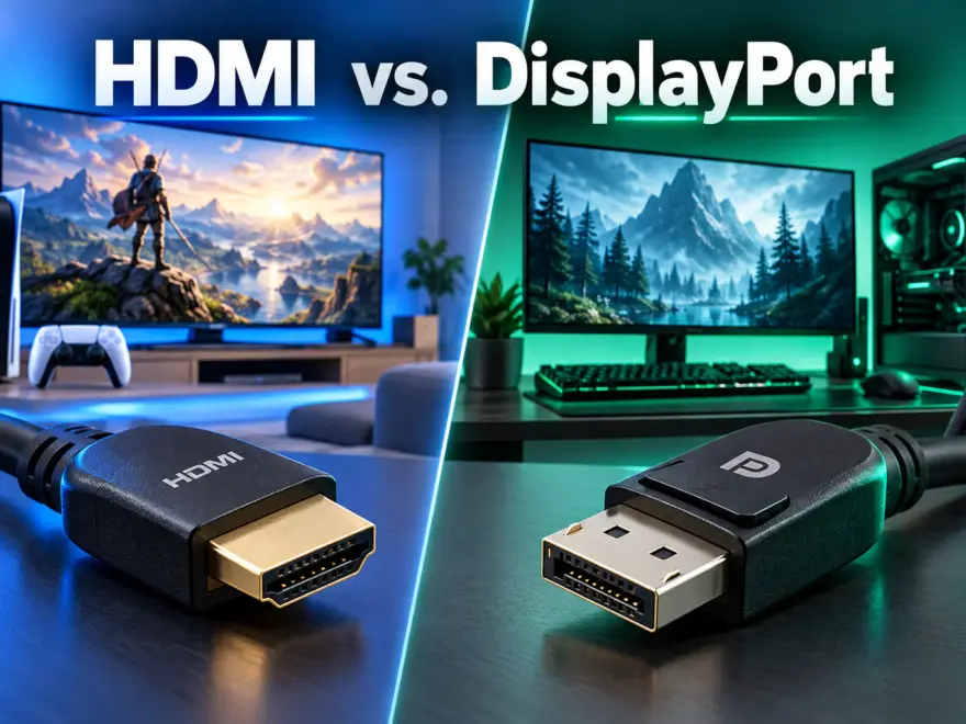 DisplayPort vs. HDMI – HDMI- und DisplayPort-Kabel vor einem PC-Monitor