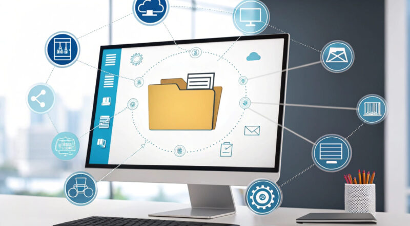 Abbildung eines Computerbildschirms mit geöffneter DLL Datei und Symbolen für Software und Daten