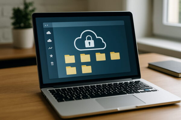 DSGVO in der Cloud: Worauf du beim Speichern achten solltest Laptop mit Cloud-Speicher und Schloss-Symbol – DSGVO-konformes Backup