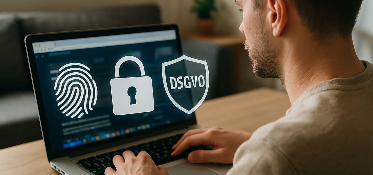 PC-Nutzer mit Datenschutzsymbolen – DSGVO im digitalen Alltag