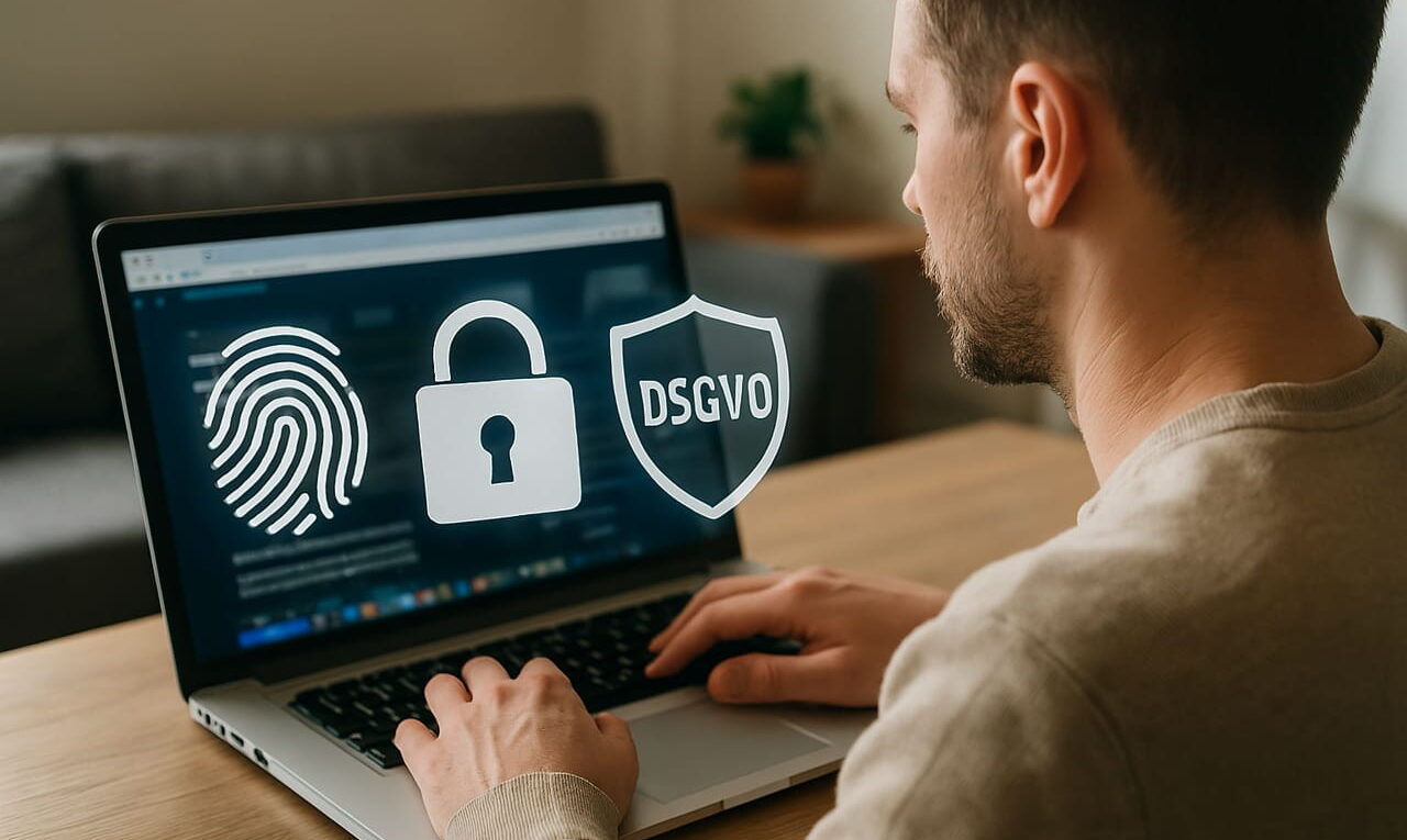 PC-Nutzer mit Datenschutzsymbolen – DSGVO im digitalen Alltag