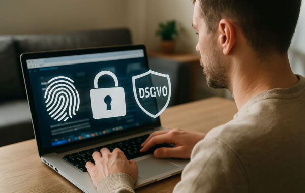 PC-Nutzer mit Datenschutzsymbolen – DSGVO im digitalen Alltag