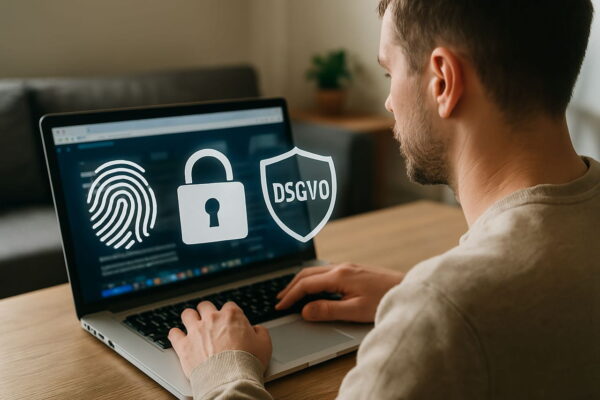 PC-Nutzer mit Datenschutzsymbolen – DSGVO im digitalen Alltag