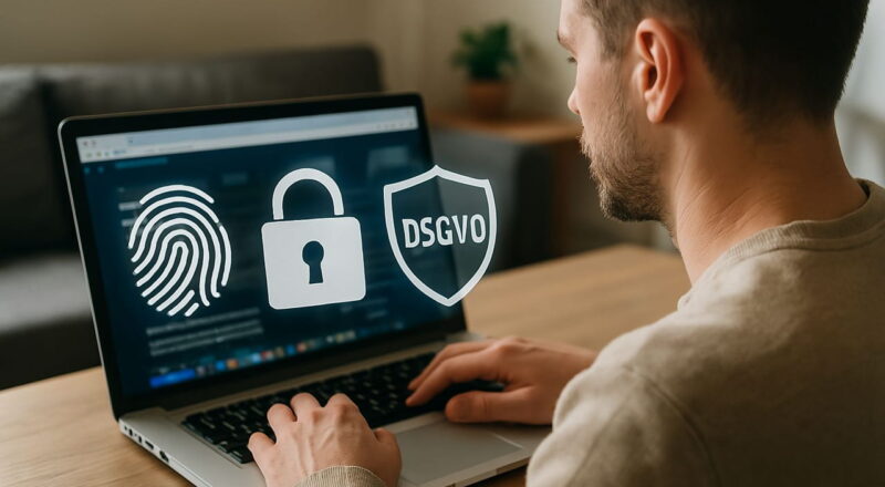 PC-Nutzer mit Datenschutzsymbolen – DSGVO im digitalen Alltag