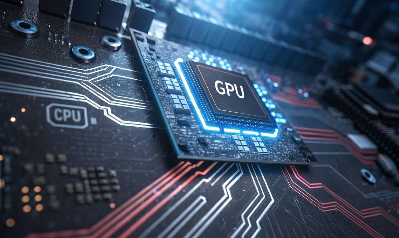 Hardwarebeschleunigung aktivieren: Visualisierung der GPU-gestützten Beschleunigung auf einer modernen Hauptplatine mit hervorgehobenem Prozessor.