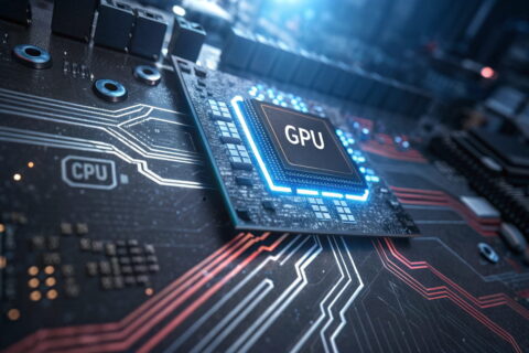 Hardwarebeschleunigung aktivieren: Visualisierung der GPU-gestützten Beschleunigung auf einer modernen Hauptplatine mit hervorgehobenem Prozessor.