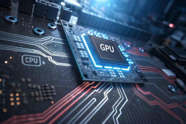 Hardwarebeschleunigung aktivieren: Visualisierung der GPU-gestützten Beschleunigung auf einer modernen Hauptplatine mit hervorgehobenem Prozessor.