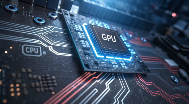 Hardwarebeschleunigung aktivieren: Visualisierung der GPU-gestützten Beschleunigung auf einer modernen Hauptplatine mit hervorgehobenem Prozessor.