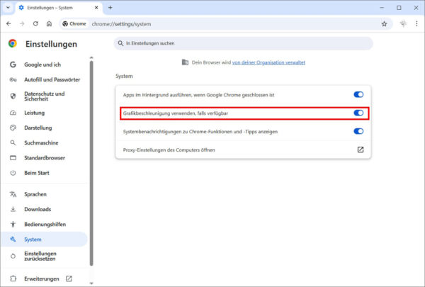 Hardwarebeschleunigung in Chrome aktivieren – So geht’s Hardwarebeschleunigung aktivieren in Google Chrome: Einstellung zur Grafikbeschleunigung unter den Systemeinstellungen des Browsers.