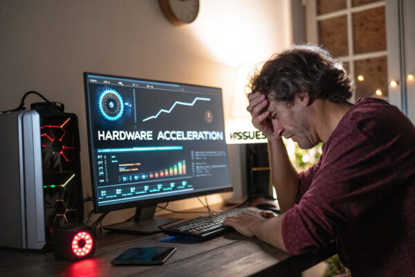 Probleme mit der Hardwarebeschleunigung? Lösungen im Überblick Hardwarebeschleunigung Probleme: Nutzer vor einem PC mit Grafikfehlern und Fehlermeldungen durch fehlerhafte Beschleunigungseinstellungen.