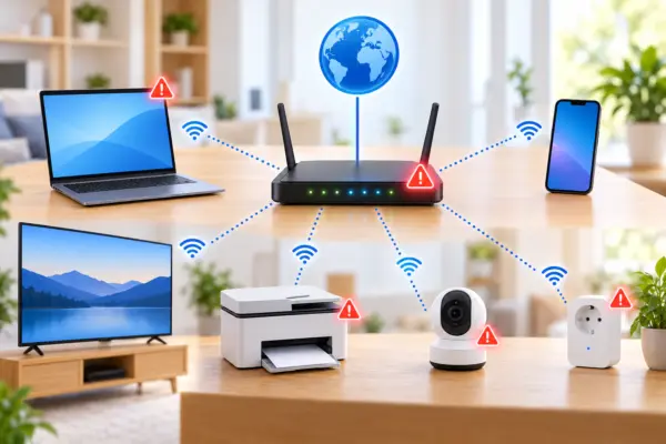 Typische Sicherheitsrisiken im Heimnetzwerk Heimnetzwerk mit Router, Computer, Smartphone und vernetzten Geräten als mögliche Sicherheitsrisiken