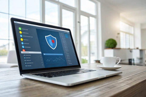 Laptop mit kostenloser Antivirensoftware bei einem Systemscan