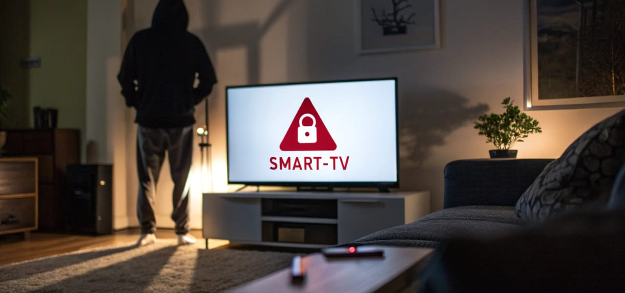 Smart-TV mit Warnsymbol auf dem Bildschirm – Risiko für Cyberangriffe.