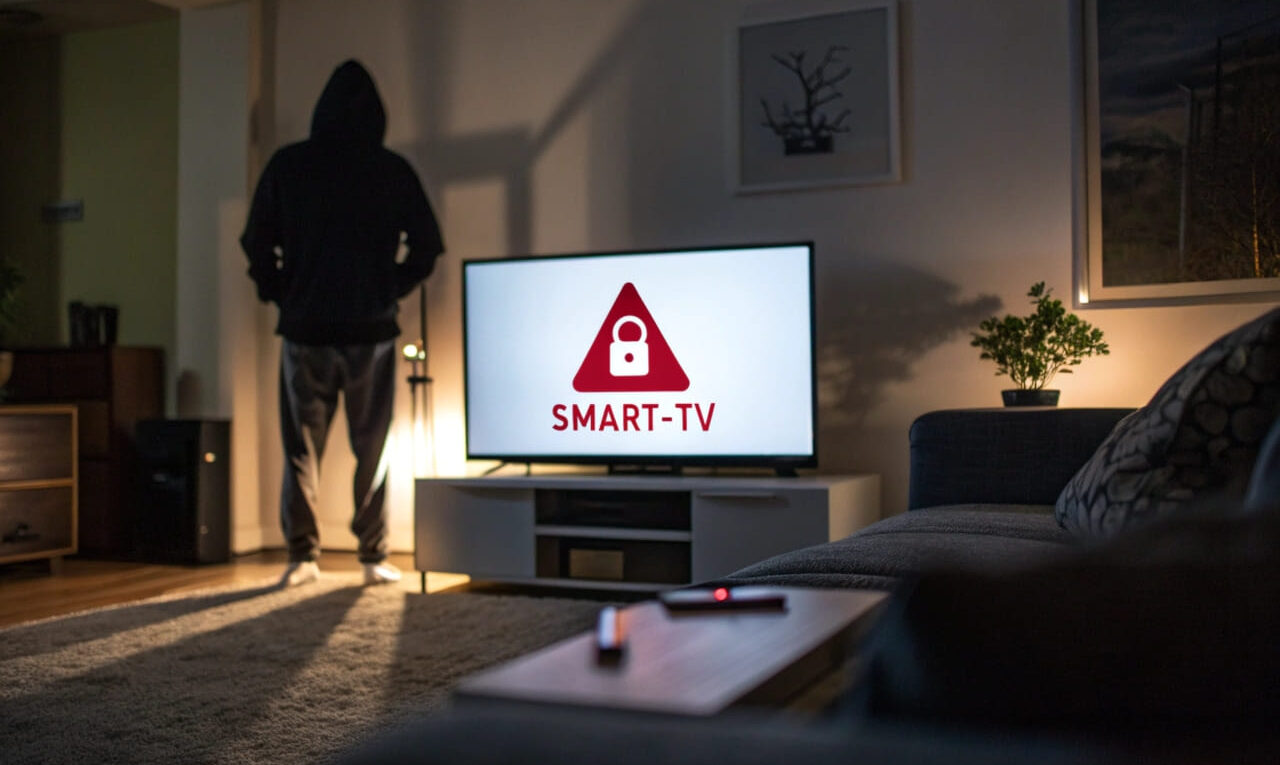 Smart-TV mit Warnsymbol auf dem Bildschirm – Risiko für Cyberangriffe.