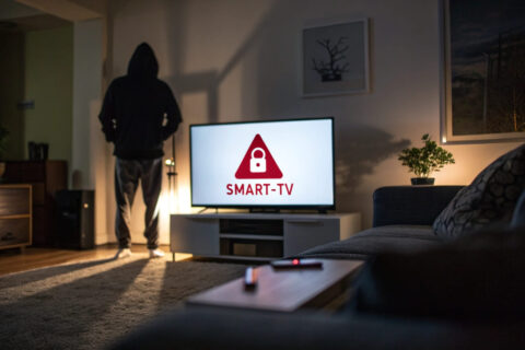 Smart-TV mit Warnsymbol auf dem Bildschirm – Risiko für Cyberangriffe.