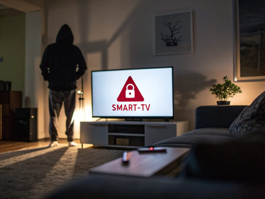 Smart-TV mit Warnsymbol auf dem Bildschirm – Risiko für Cyberangriffe.