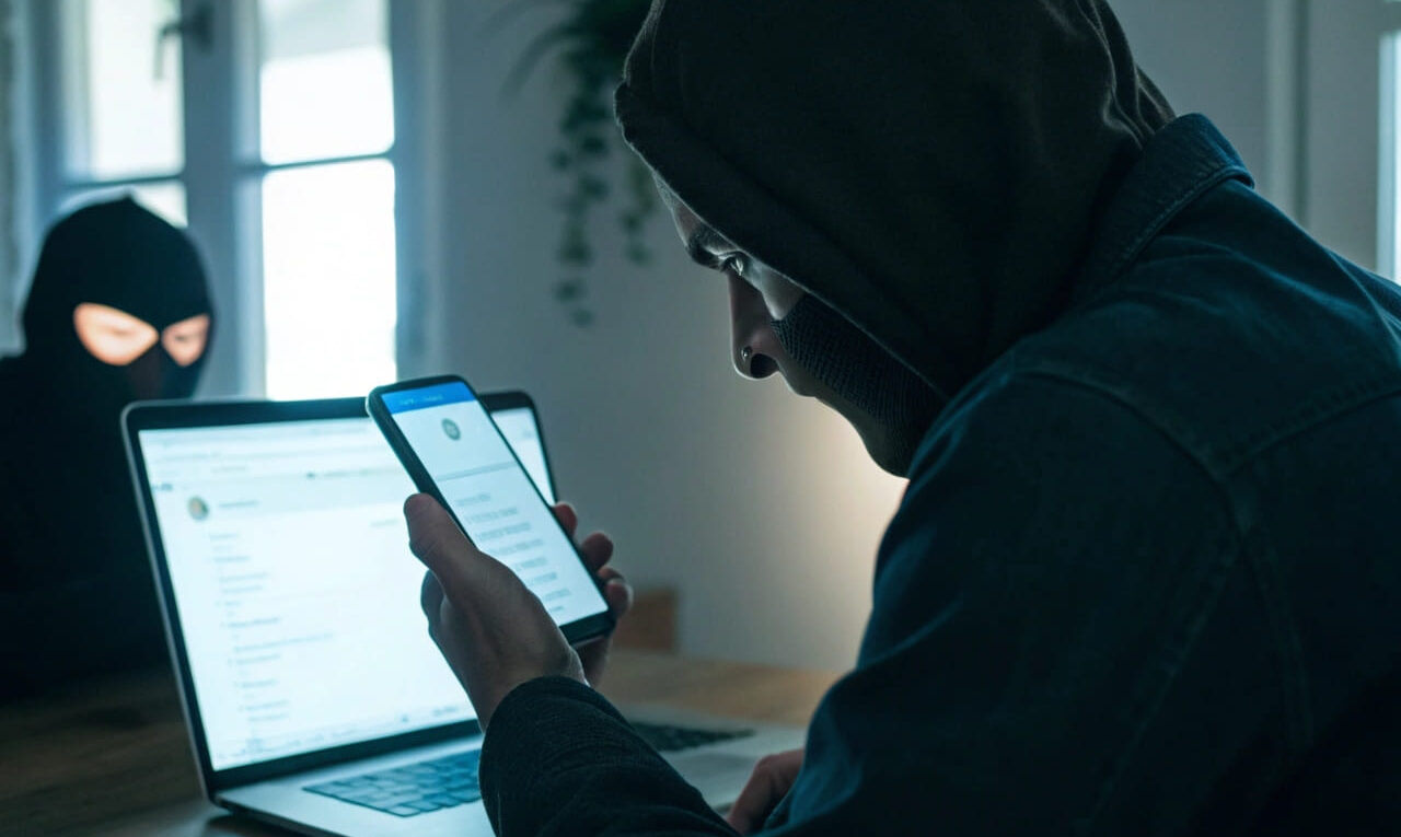 Smartphone mit gefälschter SMS und Hacker am Telefon – Smishing und Vishing erklärt
