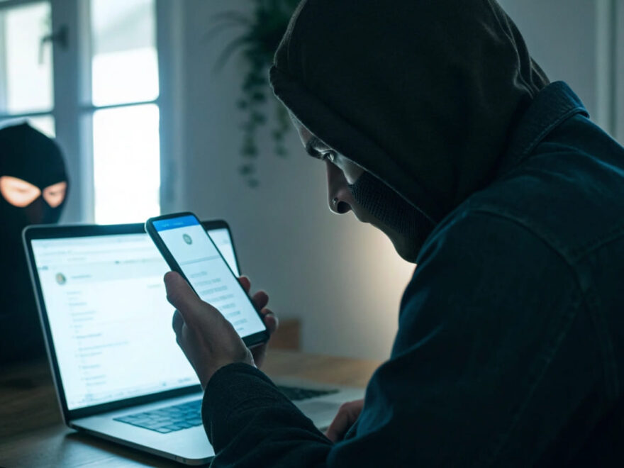 Smartphone mit gefälschter SMS und Hacker am Telefon – Smishing und Vishing erklärt