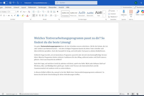 Microsoft Word geöffnet mit einem Artikel über die Wahl des richtigen Textverarbeitungsprogramms.