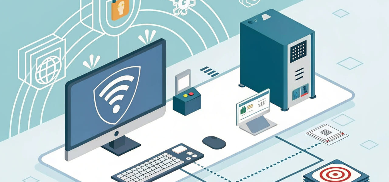 Darstellung von Zero Trust Security mit Computer und Zugangskontrolle