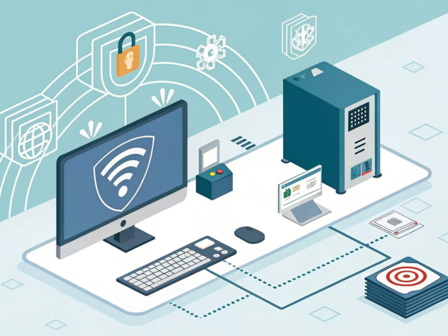 Darstellung von Zero Trust Security mit Computer und Zugangskontrolle