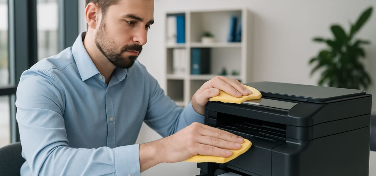 Mann reinigt Drucker im Büro mit einem Tuch